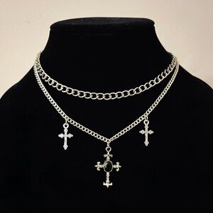 Hand Crafted Silver Cross Pendant Layered Necklace